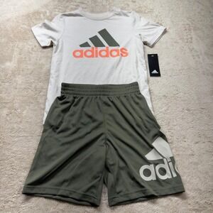 Adidas Boys 2 Piece Set Shirt and Shorts Olive Green Cream Size S 8 AG0413Y NEW